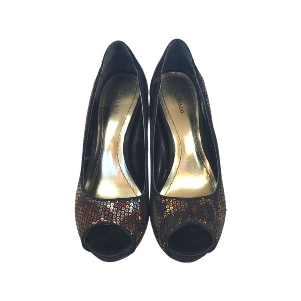 Leopard Gold Bronze Satin Black Peep Toe Stiletto High Heel Shoes, Size 5 - Picture 4 of 8